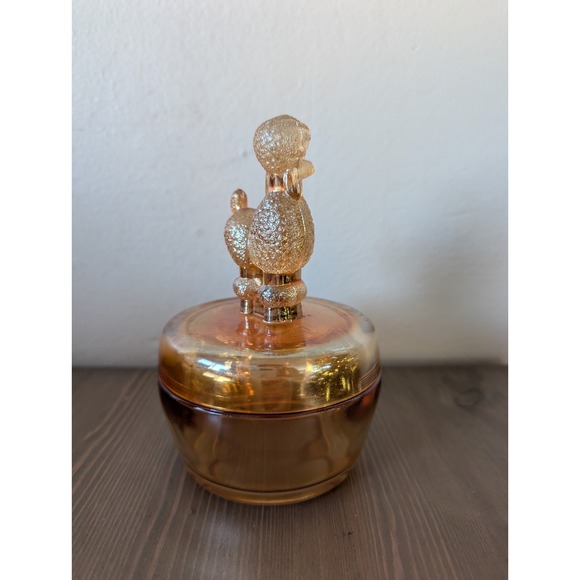 Vintage Jeannette Glass Marigold Iridescent Glass Poodle Trinket Box Candy Dish - Picture 2 of 9
